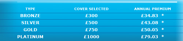 COVER SELECTED - BRONZE £300	£34.83 SILVER	£500	£43.08 GOLD	£750	£50.05 